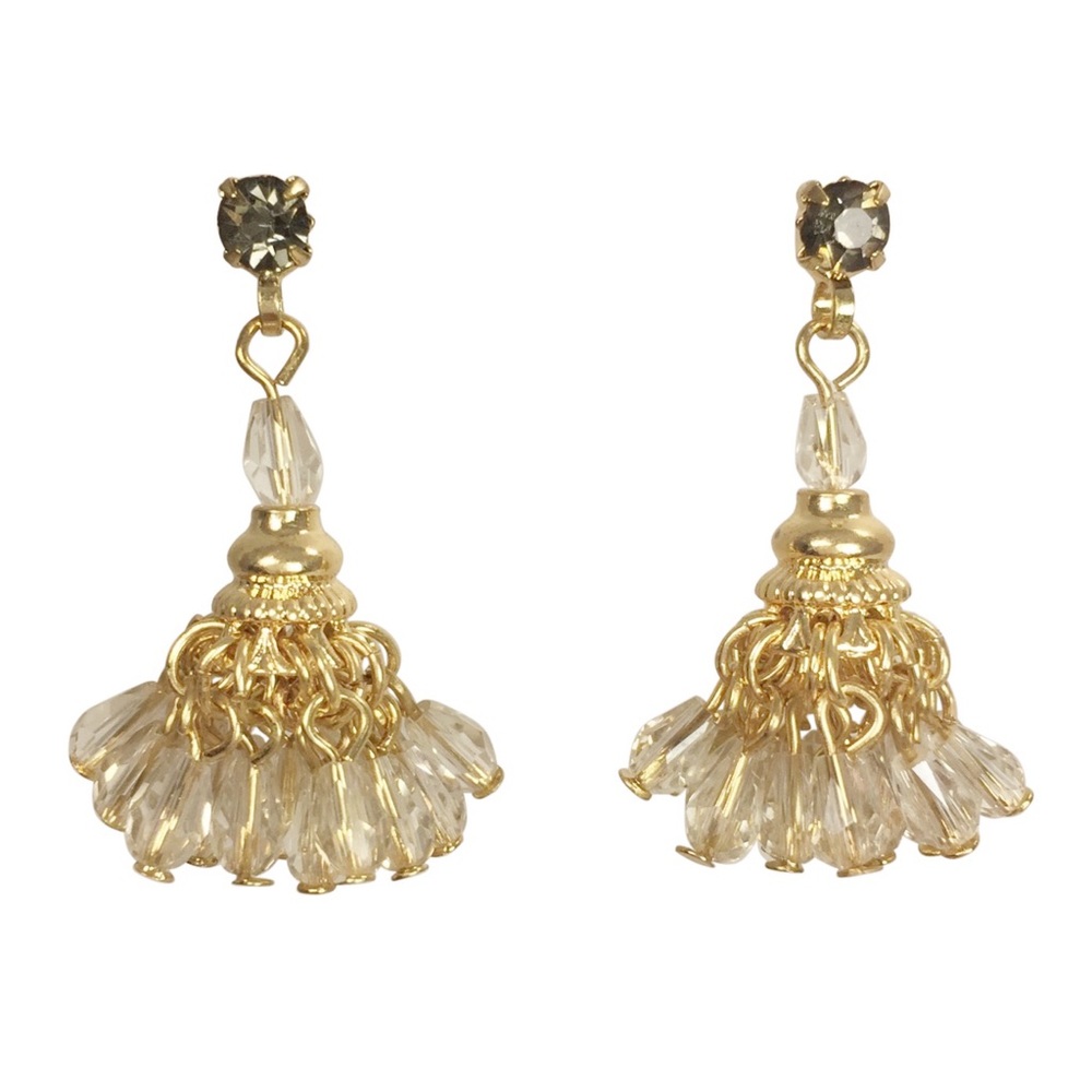 Light Grey Beaded Indian Style Gold Tone Drop Post Earrings